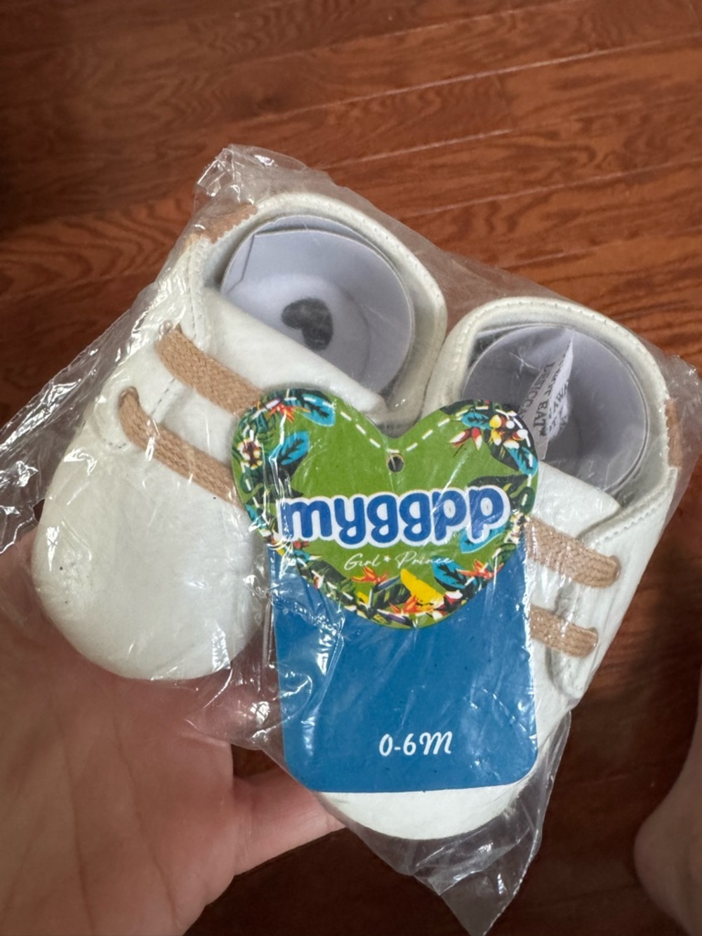 White Baby Shoes with Tan Laces - 0-6M